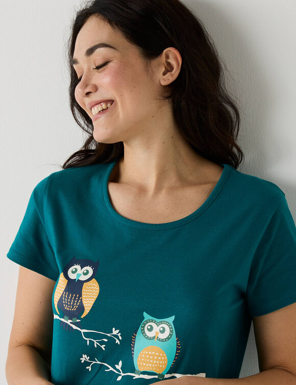 Chemise de nuit longue manches courtes motifs "hiboux" (vert sapin)