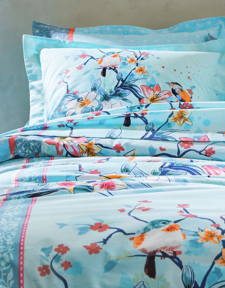Linge de lit Birdy en coton imprimé oiseaux (lagon)