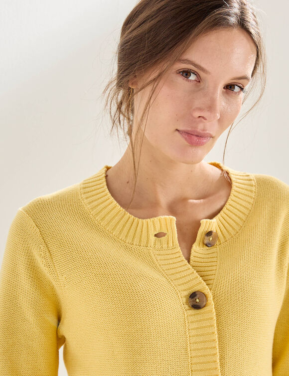 Cardigan boutonn&eacute; &agrave; poches, manches coude (jaune)
