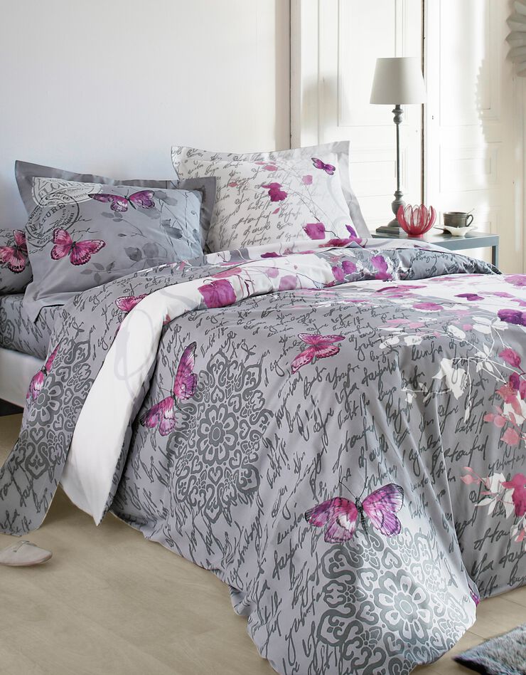Linge de lit Célestine en coton imprimé fleurs et papillons, gris / parme, hi-res image number 0