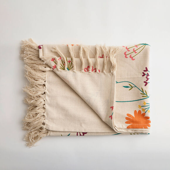 Jet&eacute; imprim&eacute; fleurs champ&ecirc;tres - coton textur&eacute; (vert / orange)
