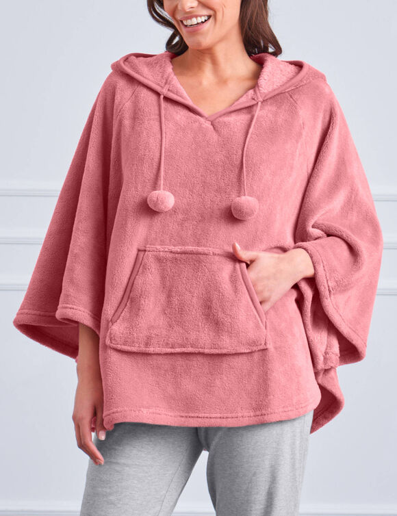 Poncho &agrave; capuche, maille polaire toucher peluche (rose poudr&eacute;)