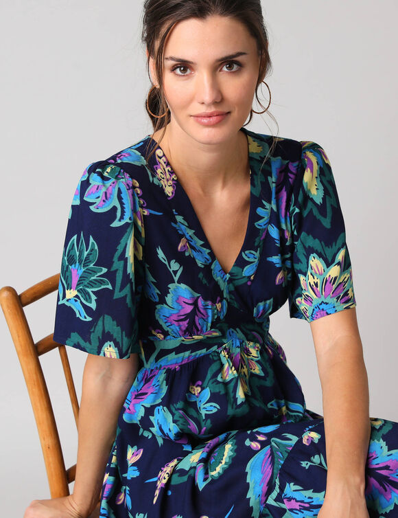 Robe longue volant&eacute;e imprim&eacute;e, manches courtes (bleu)
