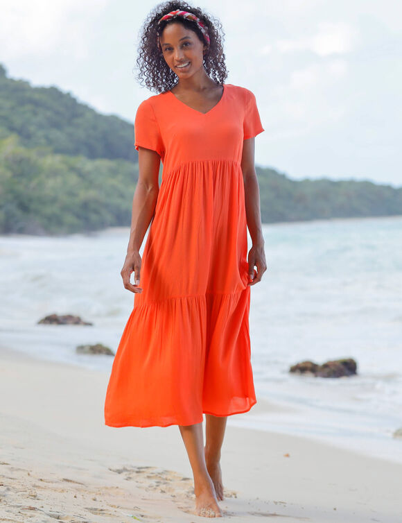 Robe col V longue unie, crépon (orange)