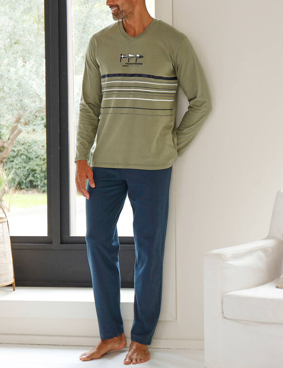 Lange pyjama met V-hals en lange mouwen van zachte katoen (linde / marine)