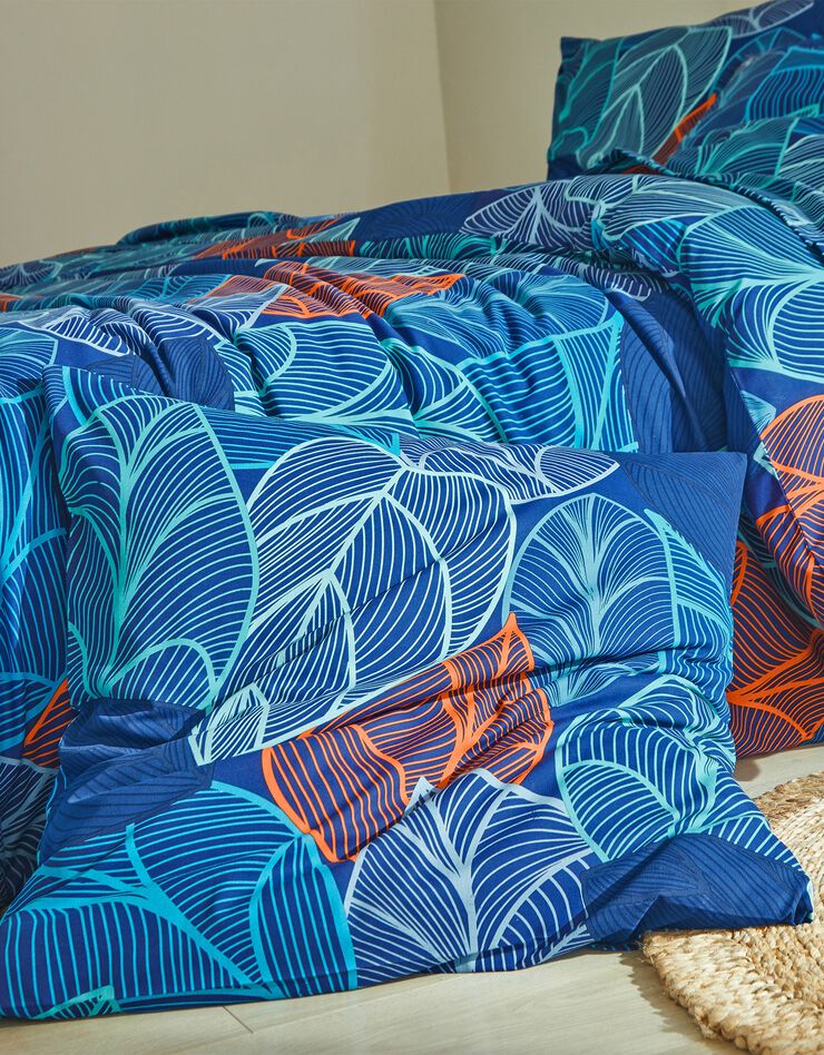 Linge de lit Elsa en polycoton à motifs feuilles (bleu)