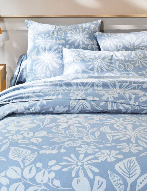 Linge de lit C&eacute;line en flanelle imprim&eacute; floral (bleu gris&eacute;)