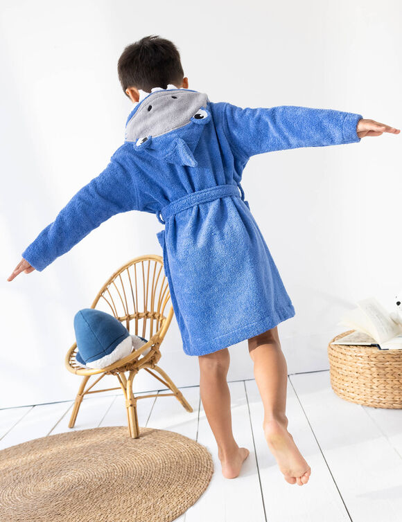 Kinderbadjas met haaiennmotief en kap, personaliseerbaar - 340 g/m² (felblauw)