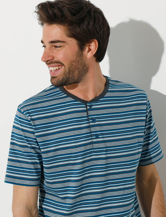Pyjama-short rayé col tunisien (anthracite / bleu canard)