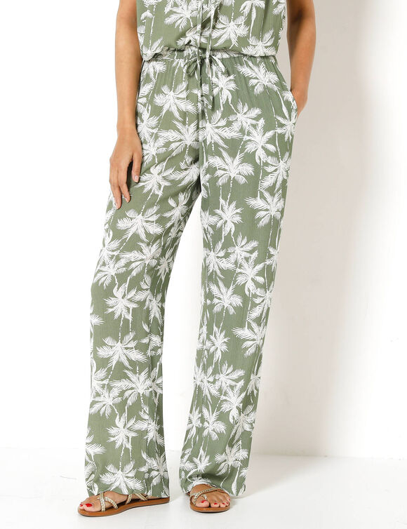 Pantalon large fluide, imprim&eacute; palmiers (kaki / blanc)