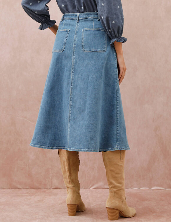 Jupe longue &eacute;vas&eacute;e boutonn&eacute;e devant, denim stretch (bleached)