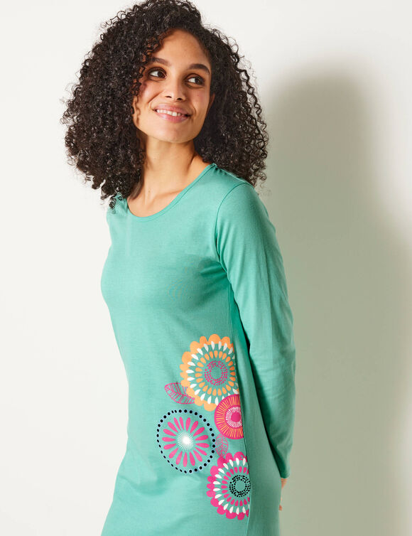 Chemise de nuit longue manches longues imprimé rosaces (lagon)