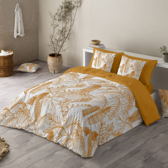 Katoenen beddengoed met bladerenprint (wit)