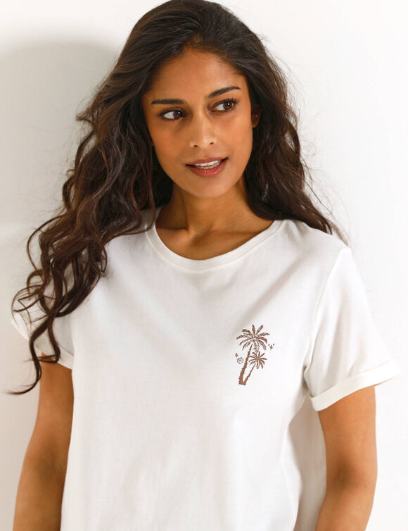 T-shirt met korte mouwen en palmbomenmotiefje (ecru / chocolade)
