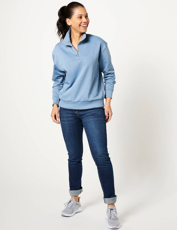 Sweat col montant zippé en molleton gratté (bleu jean)