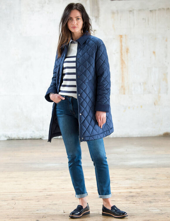 Veste longue matelass&eacute;e, d&eacute;tails velours (bleu gris&eacute;)