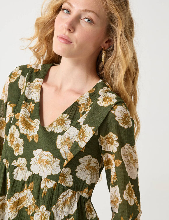 Robe courte texturée imprimée floral (kaki)