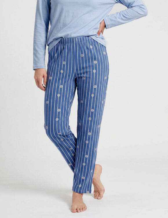 Gestreepte pyjamabroek &bdquo;botanische charme&ldquo; (blauw / ecru)