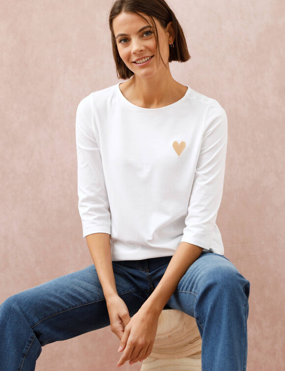 Effen T-shirt met knoopsluiting en hartvormig borduursel, in biologisch katoen(**) (wit)