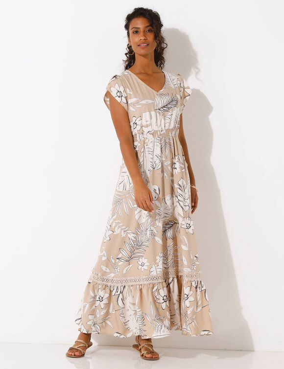 Robe longue macramé, imprimé tropical, taille smockée (beige / écru)