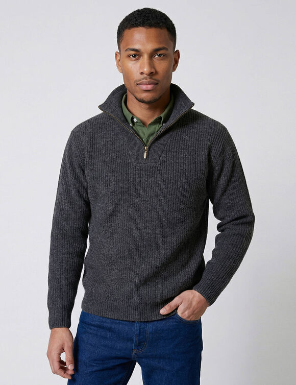 Pull col camionneur c&ocirc;te anglaise 30% laine (gris anthracite)
