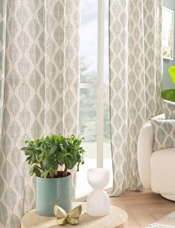 Gordijn met oogringen en bladerenprint, metallic details (naturel / groen)