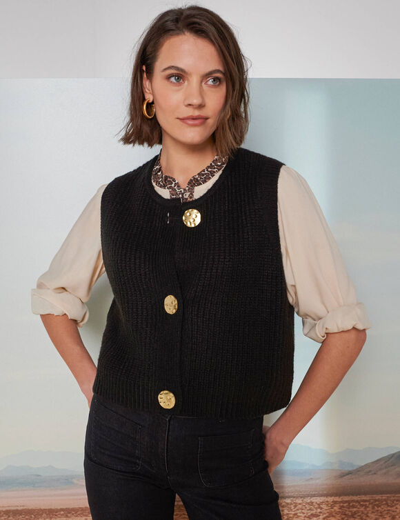 Gilet sans manches toucher doux, boutons dorés (noir)