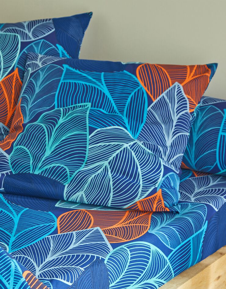 Linge de lit Elsa en polycoton à motifs feuilles (bleu)