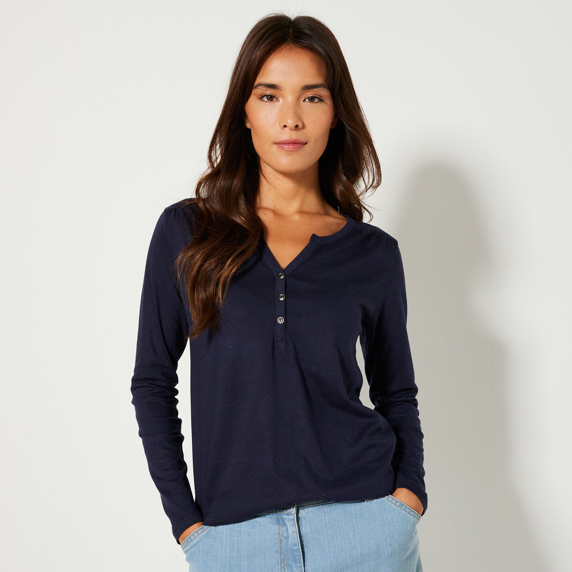 T shirt met Tunesische hals en lange mouwen effen marine