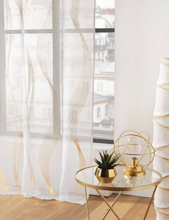 Voilage impression m&eacute;tallis&eacute;e, motif serpentin, finition &oelig;illets (blanc / dor&eacute;)