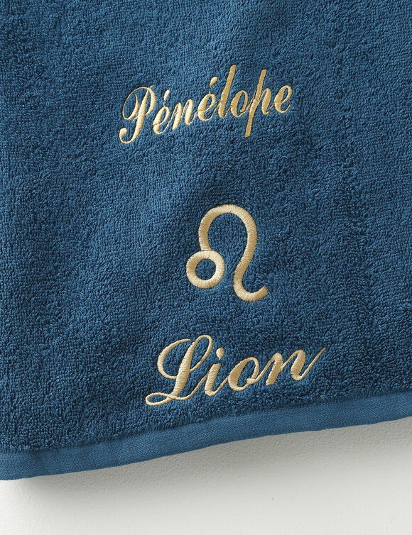 Serviettes de bain brodées Lion personnalisable - 420g/m2 (bleu paon)