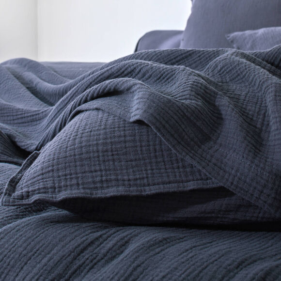 Linge de lit uni - double gaze de coton (bleu encre)