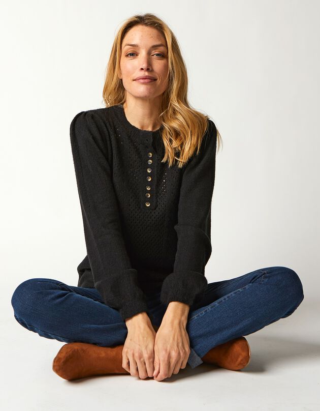 Pull ajouré col tunisien boutonné (noir)