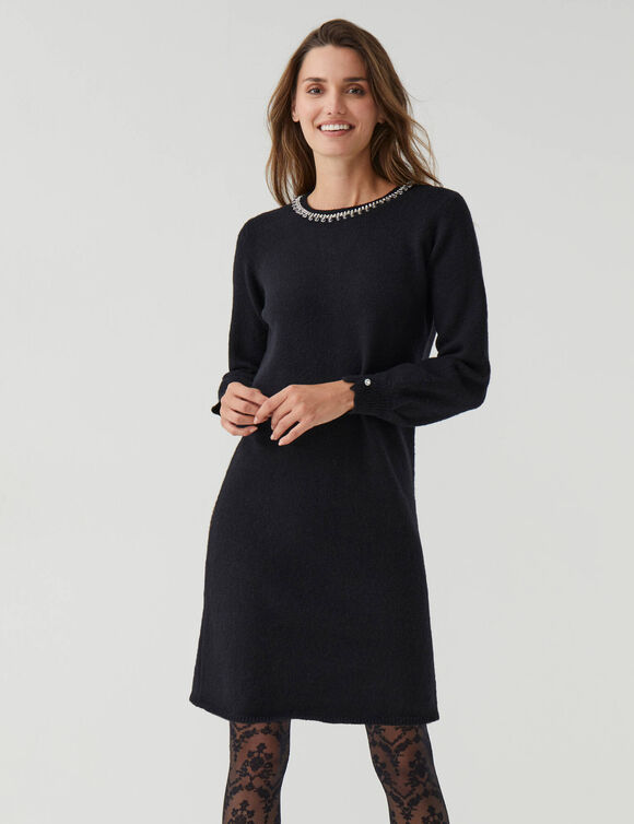 Robe pull &agrave; col bijou et boutons perle, manches longues (noir)