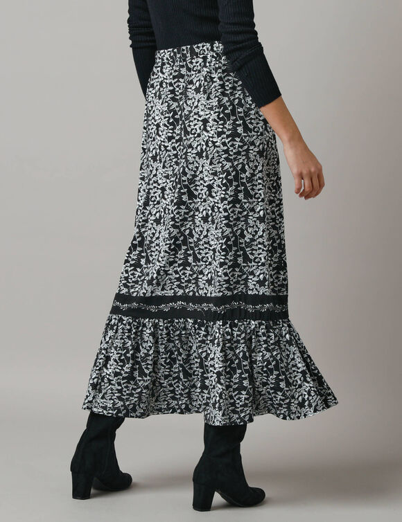 Lange rok met fronsrokvolume, jerseytricot (zwart / ecru)