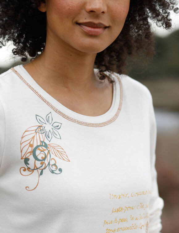 T shirt manches longues imprimé fleuri (écru / noisette)