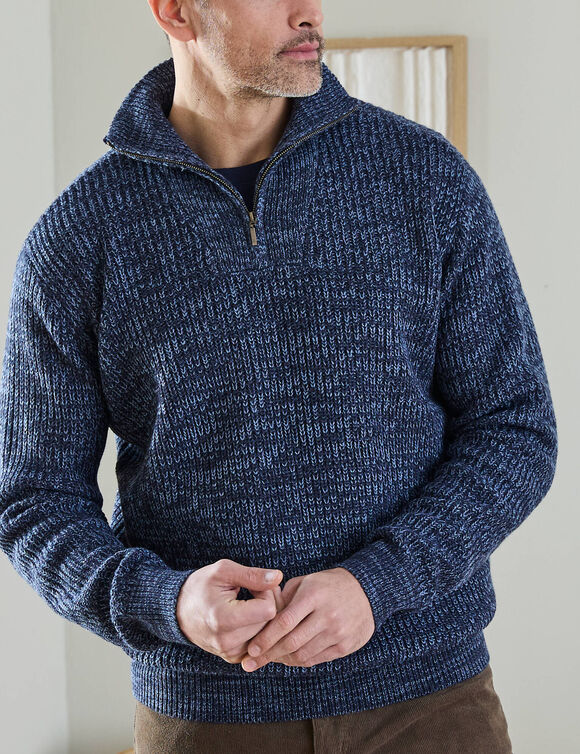 Trui met vrachtwagenchauffeurskraag, Engelse rib, 30% wol (gespikkeld blauw)