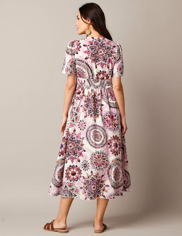 Robe longue évasée, coton imprimé (écru / violet)