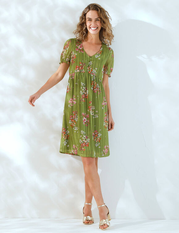 Robe courte imprimé floral, voile fils brillants (kaki / rose)