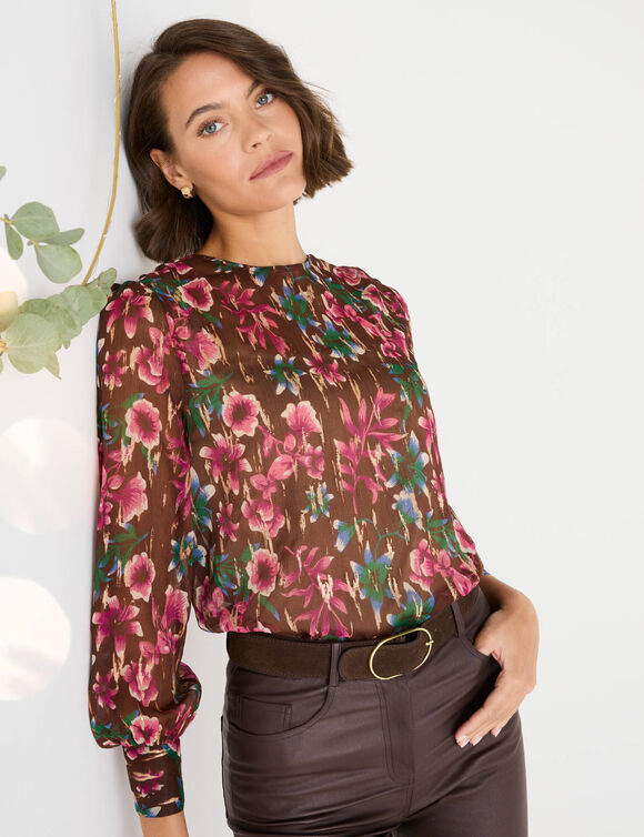 Chemisier manches longues imprimé fleuri et doré (chocolat / rose)