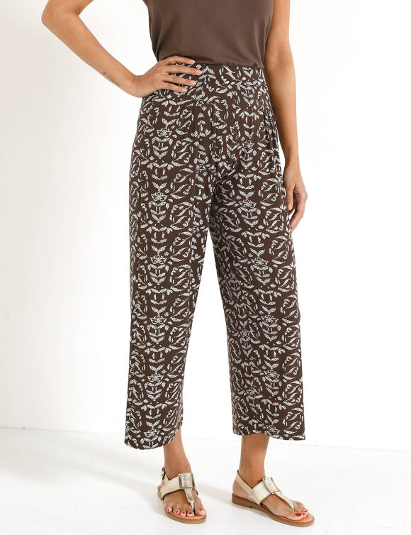 Pantalon large 7/8&egrave;me, taille &eacute;lastiqu&eacute;e, maille imprim&eacute;e (chocolat / &eacute;cru)