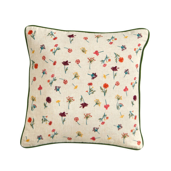 Coussin coton lin broderie fleurie (vert / orange)