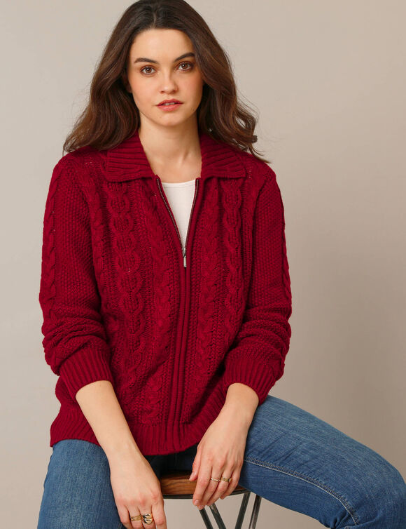 Gilet zipp&eacute; col polo, maille torsad&eacute;e (rouge fonc&eacute;)