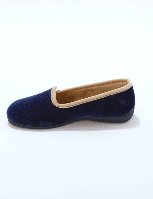 Fluweelpantoffels, met contrasterende bies (marineblauw)