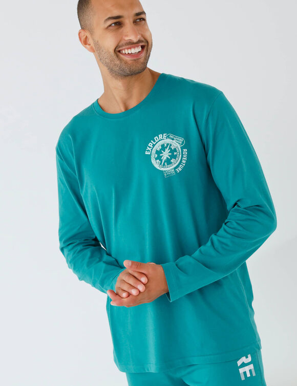 Pyjama-T-shirt met motief op de borst, lange mouwen (turkoois)