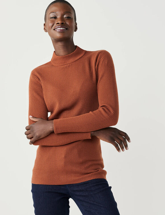 Pull col montant long, maille c&ocirc;tel&eacute;e (ch&acirc;taigne)
