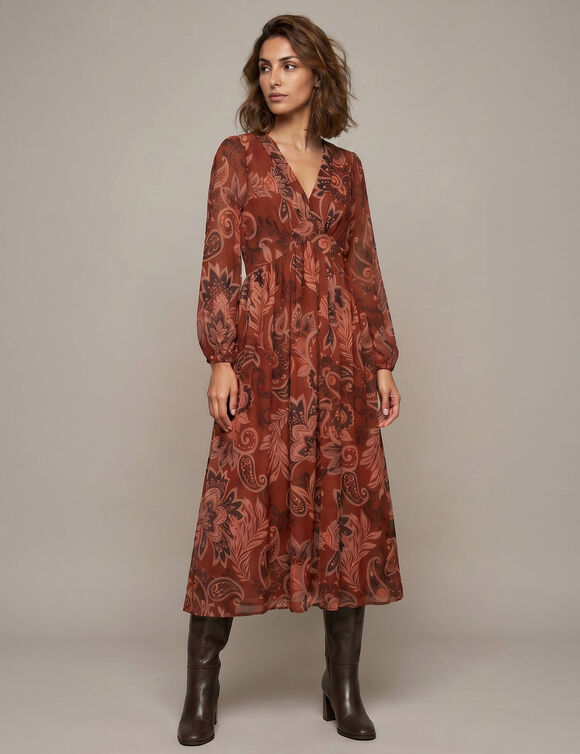 Robe longue col V, voile imprim&eacute; fleurs indiennes XXL (bordeaux)