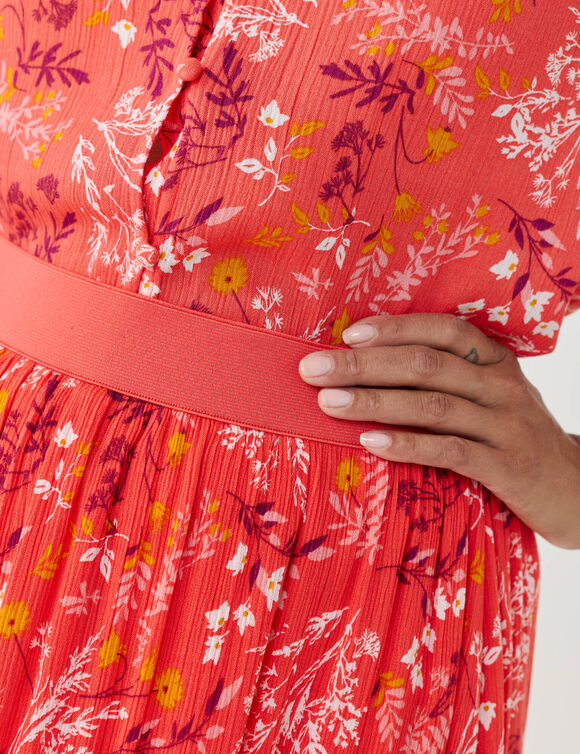 Jupe longue volant&eacute;e imprim&eacute; fleuri, cr&eacute;pon (corail)