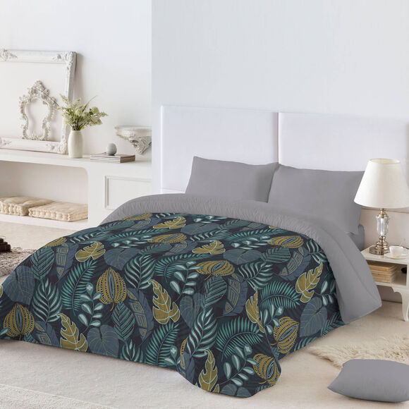 Couette microfibre imprim&eacute;e Feuilles 200 g/m&sup2; (bleu canard / miel)