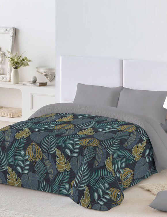 Couette microfibre imprim&eacute;e Feuilles 200 g/m&sup2; (bleu canard / miel)